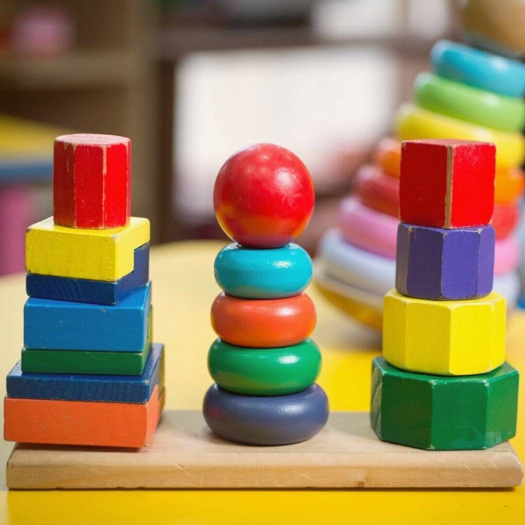 A wooden toy with many different colored blocks.